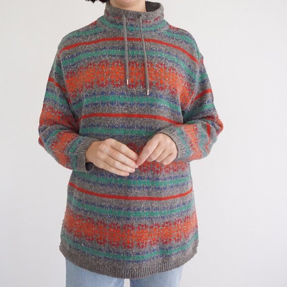 Vintage '90S Lizwear Grey Knit w Red Green Cotton Blend Mockneck Sweater M - Picture 2 of 11